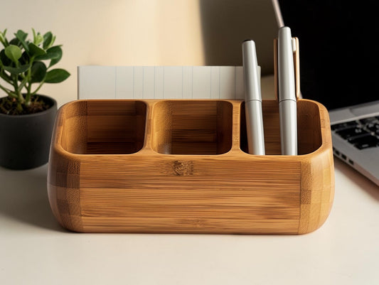 Aerovyn Minimalist Solid Wood Desktop Organizer - Multifunctional Bamboo Storage Box for Office Supplies and Stationery