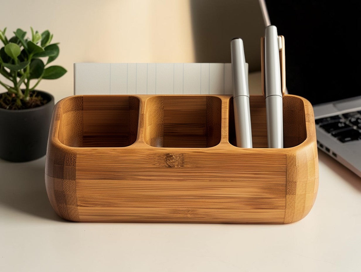 Aerovyn Minimalist Solid Wood Desktop Organizer - Multifunctional Bamboo Storage Box for Office Supplies and Stationery